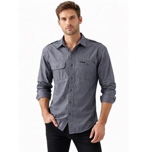 Marc Ecko Cut & Sew Blue Cotton Long Sleeve Utility Button Down Shirt XL 77-17
